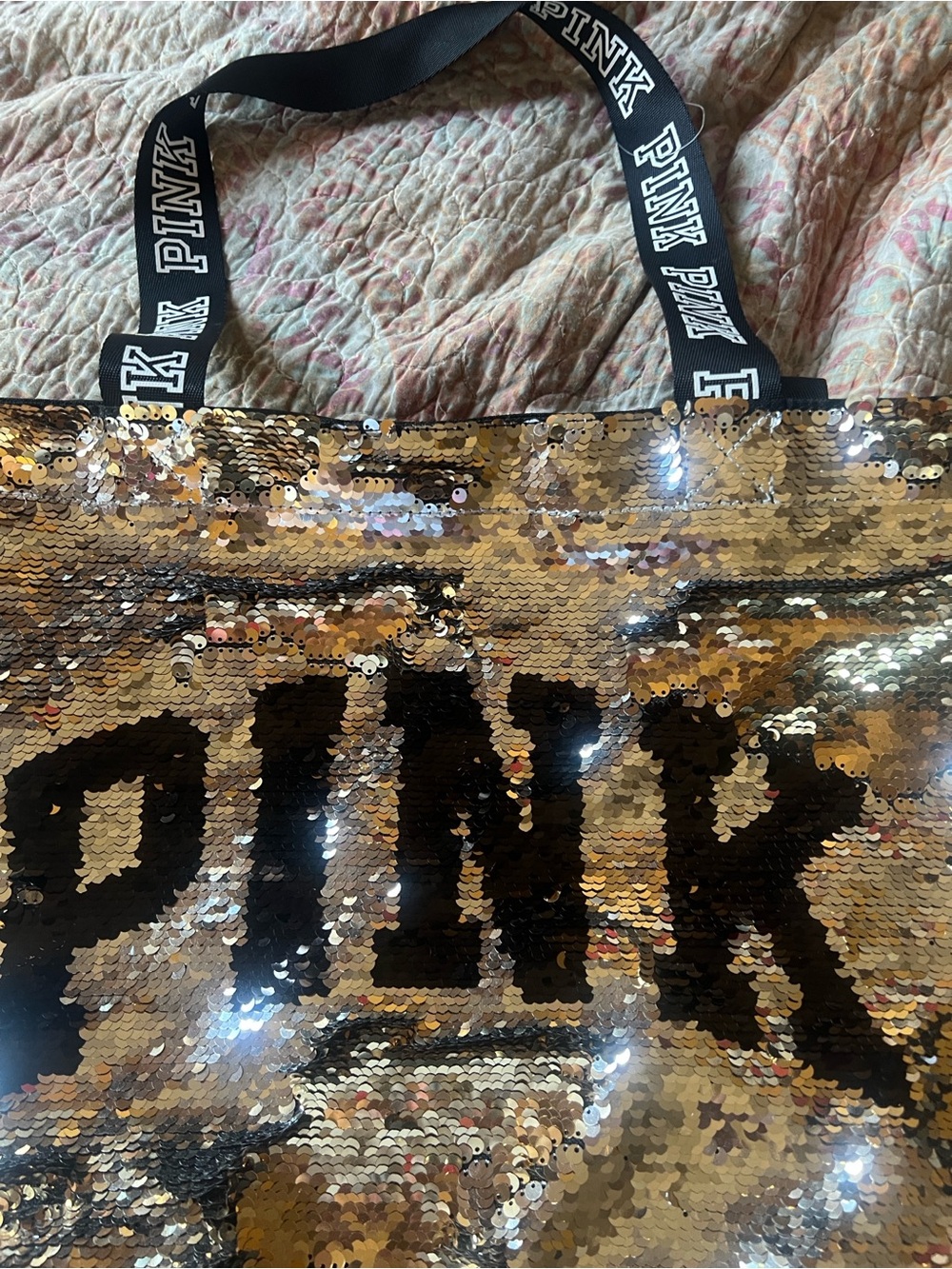 PINK Victoria's Secret Silver and Black Sequin Tote with Branded Straps